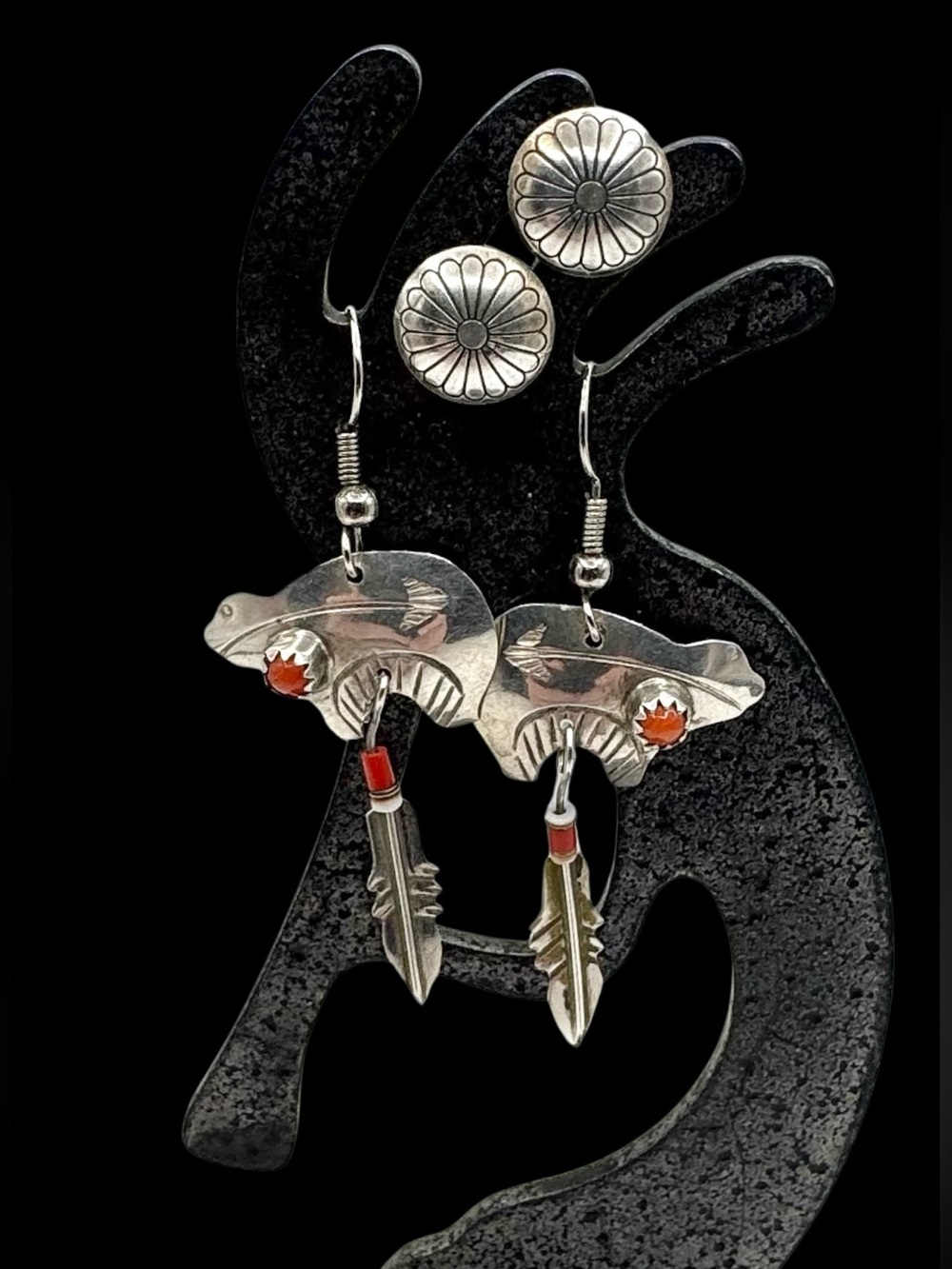 Navajo Native American Sterling Silver Coral Bear Dangle Earrings Free Studs